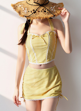 2026新款泳衣女高级感黄色美背分体泳衣温泉泳衣女度假套装小清新