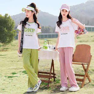 女童夏季休闲运动套装儿童夏装纯棉短袖学生薄款宽松阔腿直筒长裤
