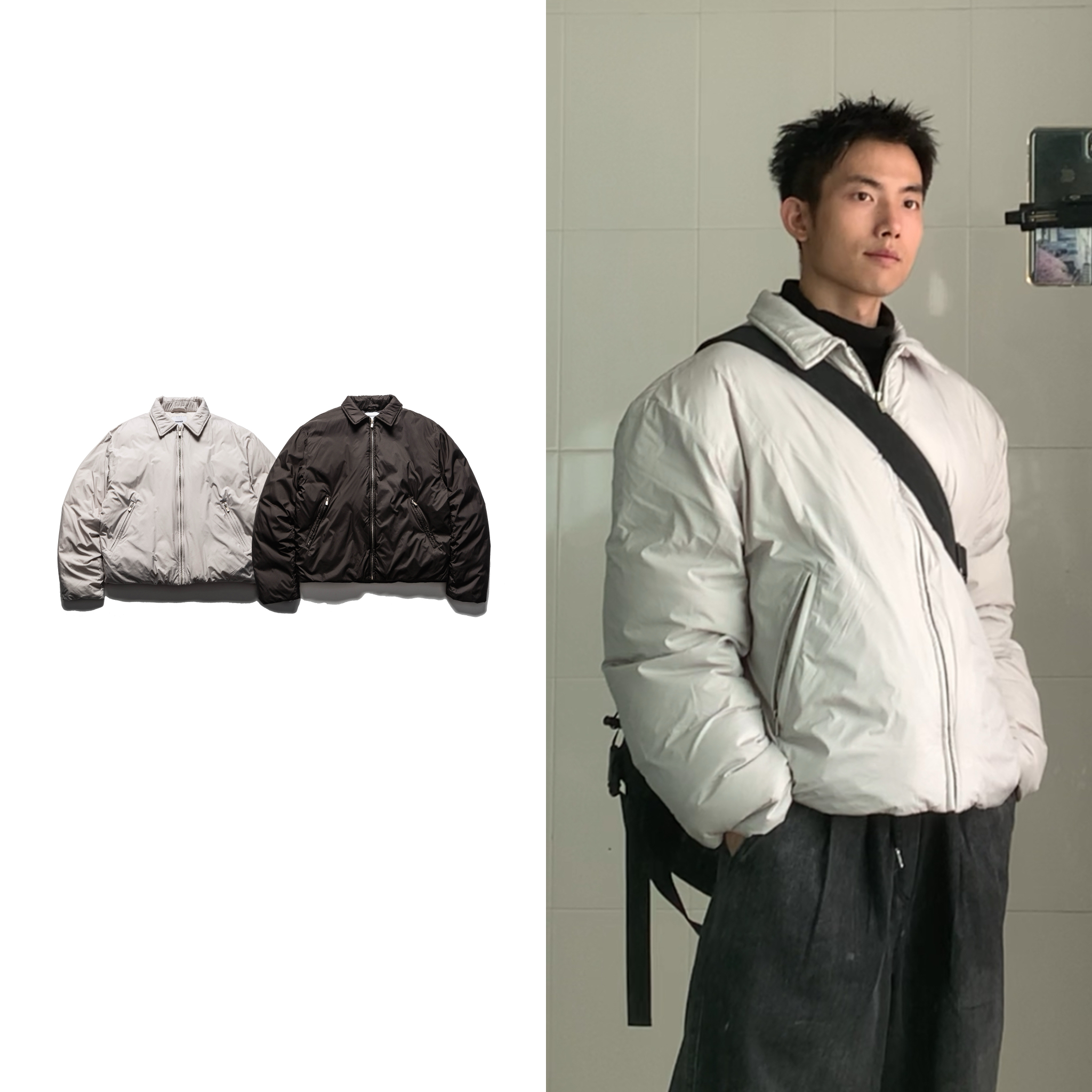 黑子舞想新款翻领夹克白鸭绒短宽廓形羽绒服保暖宽松加厚纯色外套