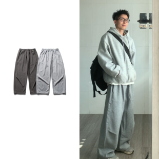 宽松显瘦抽绳休闲裤 黑子舞想日系简约重磅阔腿纯色卫裤 男女秋冬季