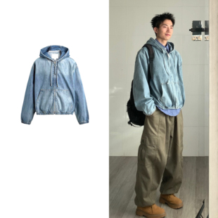 黑子舞想秋新款连帽水洗拉链牛仔外套潮牌高级感痞帅小众夹克情侣