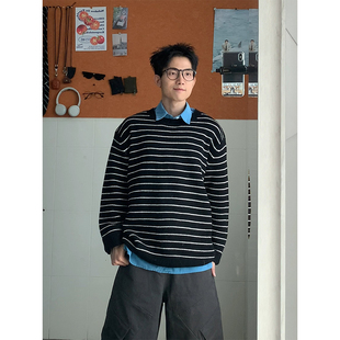 黑子舞想日系复古潮流条纹圆领针织衫男通勤纯色休闲宽松保暖毛衣