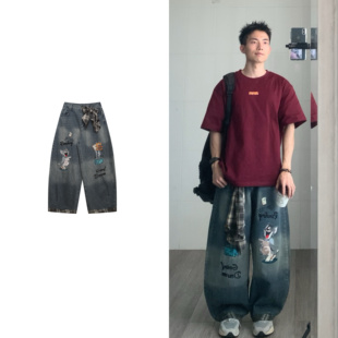 黑子舞想美式复古设计感卡通刺绣弯刀牛仔裤休闲宽松男女阔腿长裤