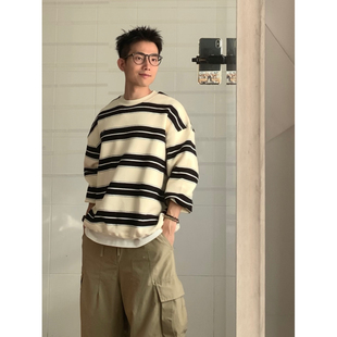 黑子舞想春秋季圆领白色重磅条纹撞色长袖男女宽松慵懒百搭卫衣