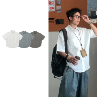 黑子舞想日系复古格子肌理感短袖衬衫男女潮牌oversize休闲衬衣