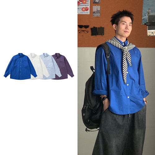 黑子舞想克莱因蓝口袋衬衫男女休闲百搭基础款长袖复古衬衣上衣潮