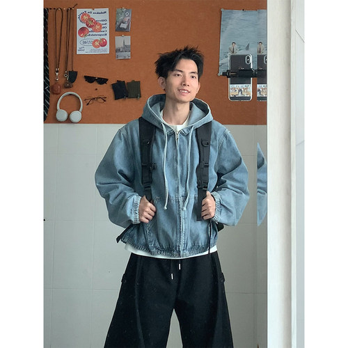连帽水洗拉链牛仔外套