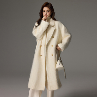 2025秋冬新款拉绒羊绒大衣女中长款双排扣宽松显瘦羊绒毛呢外套