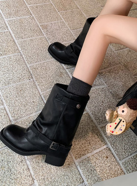 晨萱真皮欧美粗跟美拉德裤管靴女