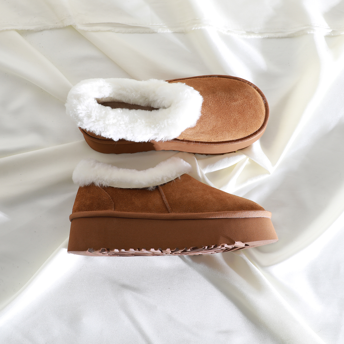 简约圆头深口拼接长绒毛毛鞋厚底