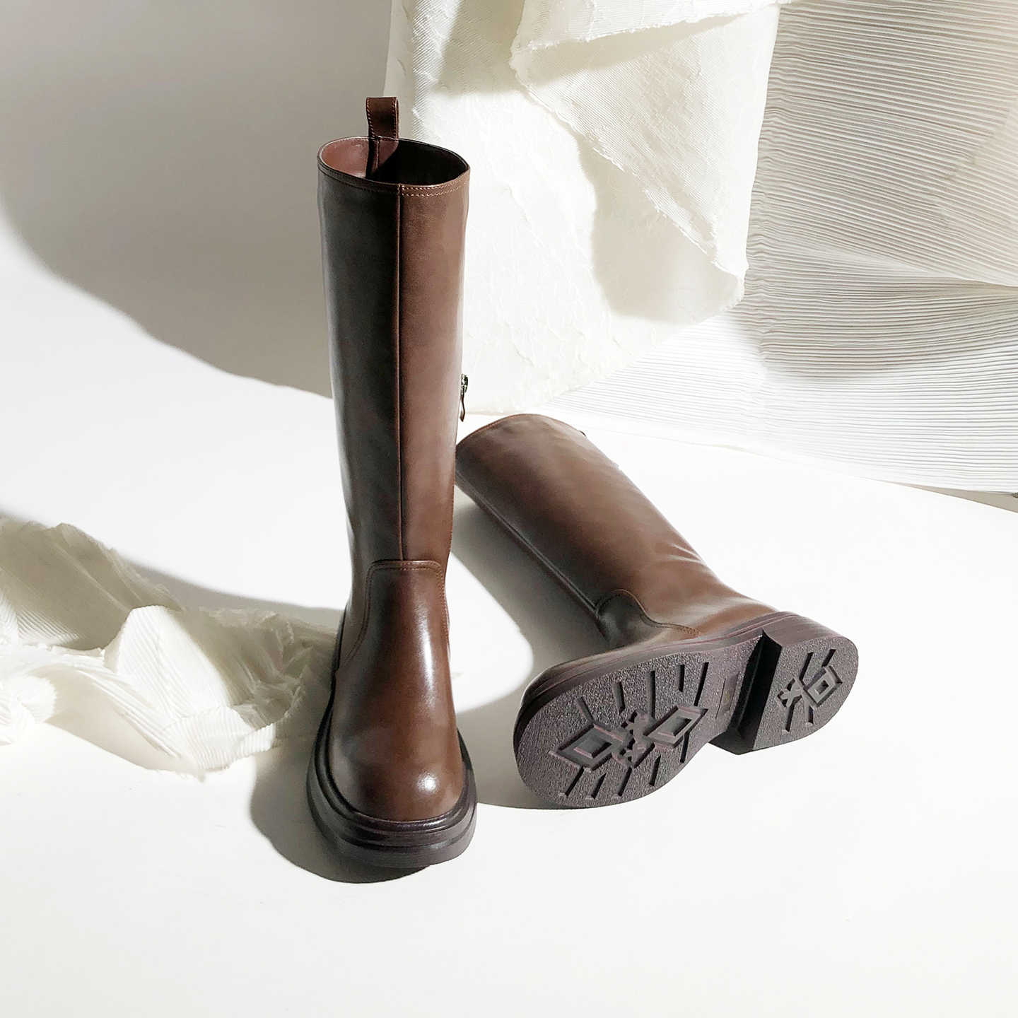 时尚圆头高筒侧拉链骑士靴粗跟