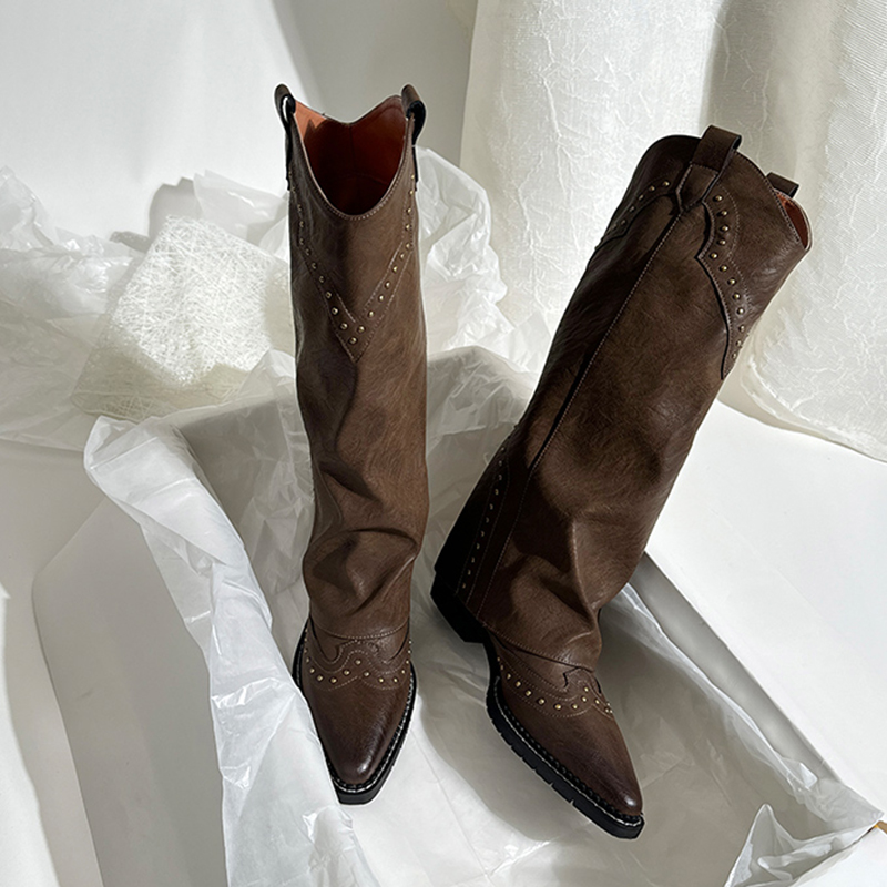 莲花府邸复古风西部靴粗跟靴子