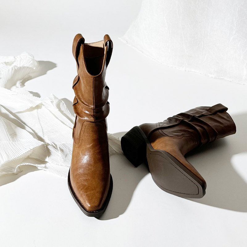 莲花府邸短筒褶皱西部靴猪皮