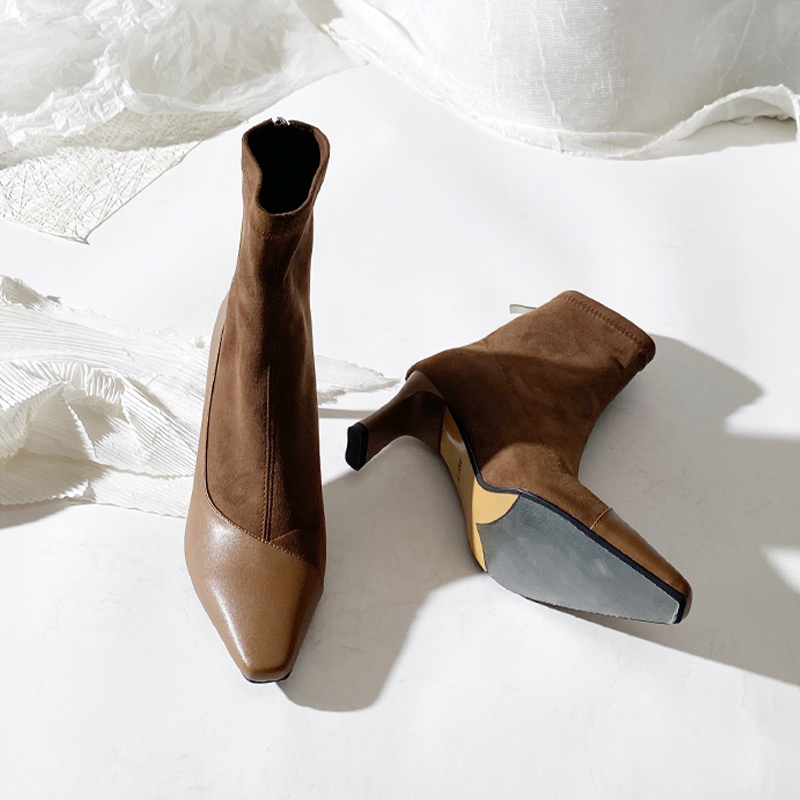 莲花府邸舒适瘦瘦靴粗跟拼接短筒