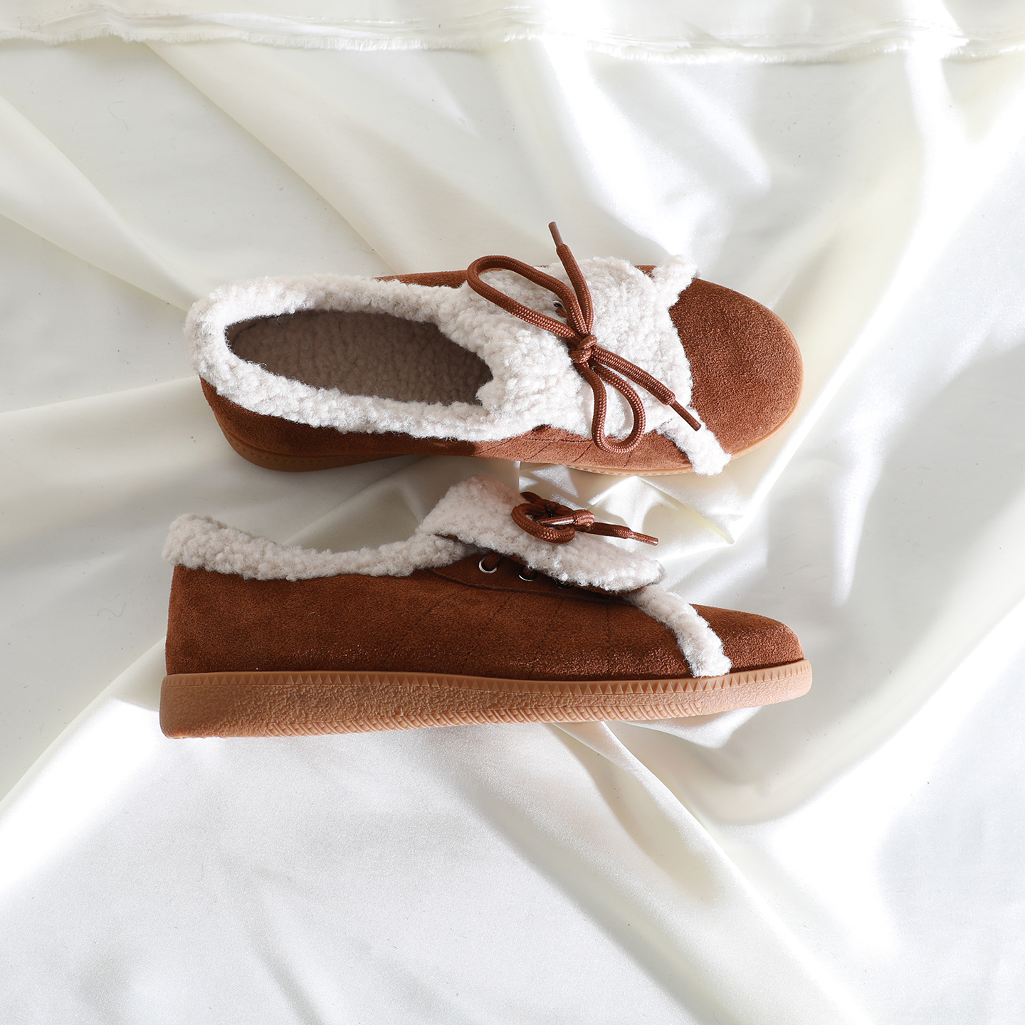 韩版圆头深口拼接蝴蝶结毛毛鞋