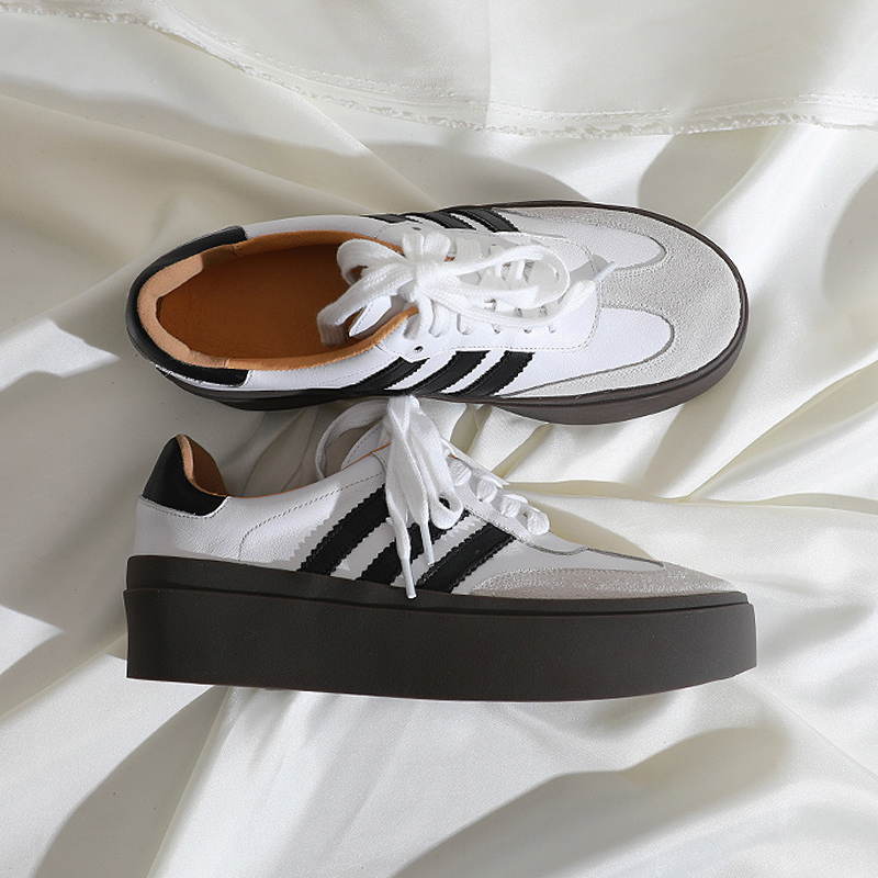 莲花府邸2025时尚休闲鞋女真皮德训鞋磨砂皮厚底拼色百搭运动板鞋