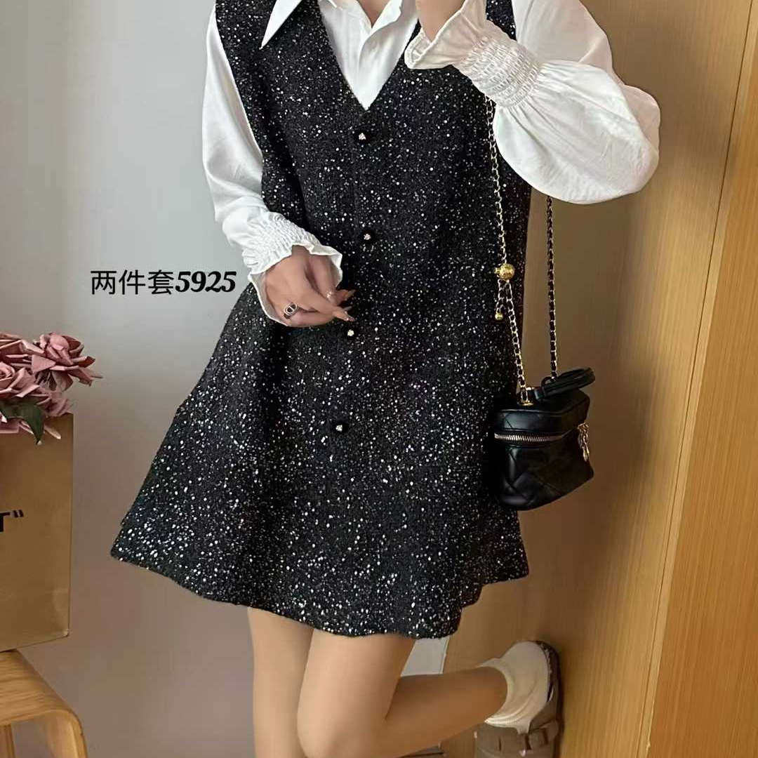 2025秋冬法式小香风亮片背心两件套裙女黑瘦气质连衣裙高级感