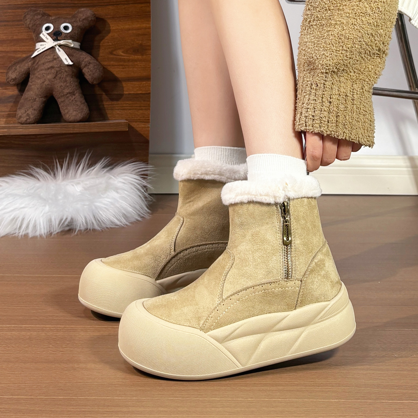 回力加绒加厚雪地靴短筒拉链棉鞋