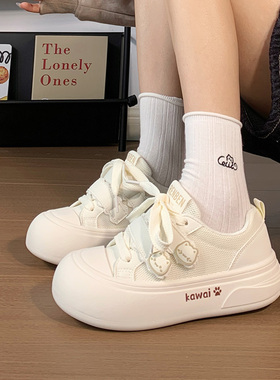 人本白色大头帆布鞋女2026春季新款百搭软底小白鞋厚底轻便板鞋女