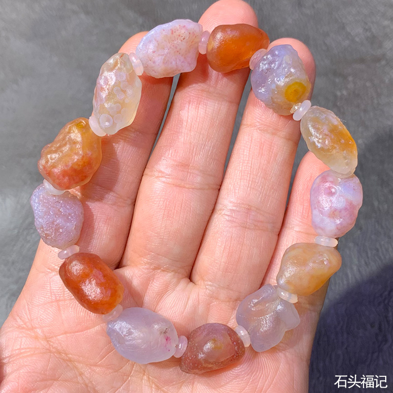 天然戈壁石 阿拉善玛瑙原石 奇石 少女粉糖心 手串 手链