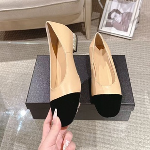 百搭舒适休闲浅口女单鞋 2025春秋季 时尚 新款 真皮拼色粗低跟女单鞋