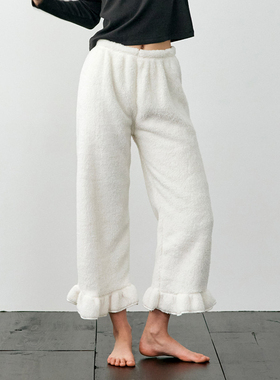 双面美丽绒睡裤女秋冬直筒细纤维荷叶边喇叭白色毛绒保暖家居裤