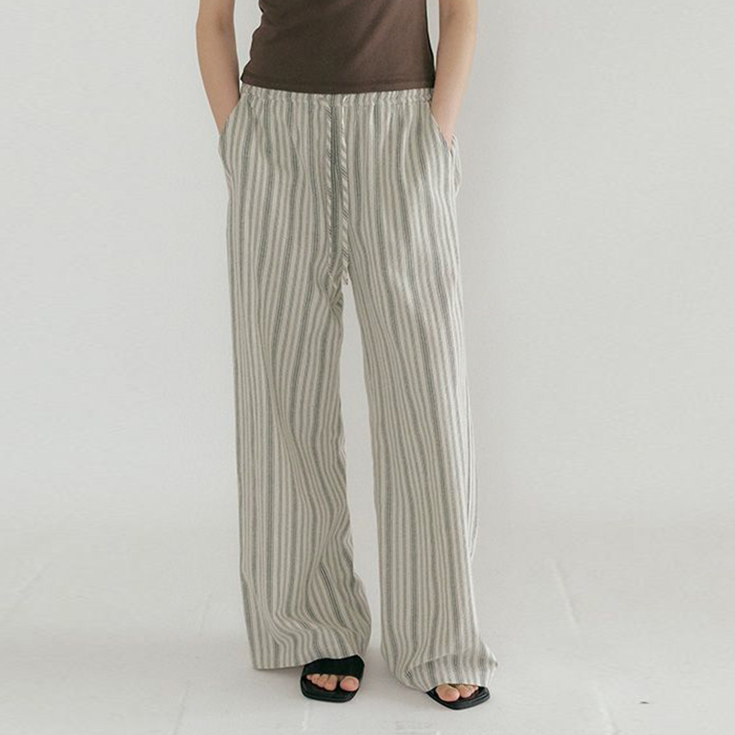 休闲慵懒感条纹阔腿裤女棉麻质宽松百搭家居裤亲肤松弛长裤,女装/女士精品,休闲裤,淘宝优惠券,粉丝福利购,淘宝优惠卷