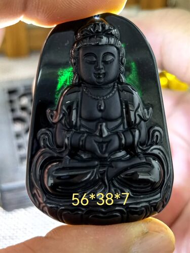 天然翡翠A货墨翠观音吊坠钢琴黑镜面光泽打灯透帝王绿