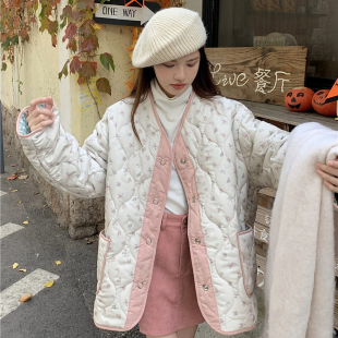 大码女装棉服外套胖mm甜美宽松复古碎花菱形格两面穿女加厚中长款