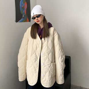 韩版原宿风简约纯色棉服女2023秋冬新款中长款百搭加厚外套