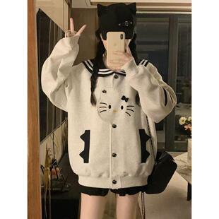 韩版学生猫咪刺绣棒球服海军领卫衣短外套女2026春秋新款潮流夹克
