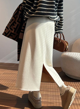 米白色羊毛呢开 叉半身裙女春秋冬加绒直筒中长裙显瘦垂顺感包臀