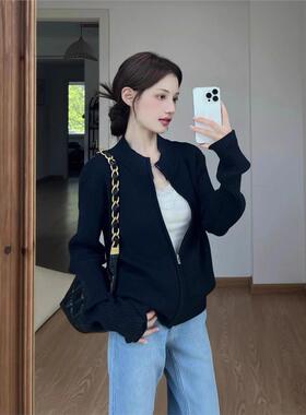 老钱风藏青色立领拉炼针织开衫女秋季高级感外穿修身毛衣外套上衣