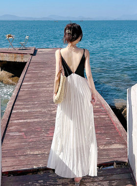 海滩夫人 三亚海边深V雪纺白色度假沙滩裙露背吊带洋装女夏长版