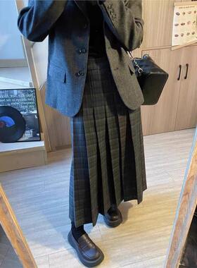 DOMX秋冬新款格纹覆古高腰a字裙灰色长裙秋冬百褶裙半身裙女加厚