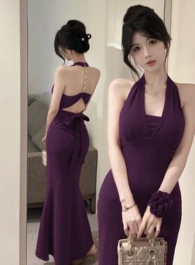 名媛风挂颈绑带吊带洋装女夏季纯欲性感修身露背鱼尾裙包臀长裙