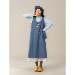 法式蓝色蕾丝拼接背心连衣裙女冬季新款慵懒风显瘦减龄毛呢长裙子