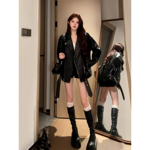 加厚夹克 小个子酷飒风宽松pu机车美式 黑色皮衣外套女2026春季 新款