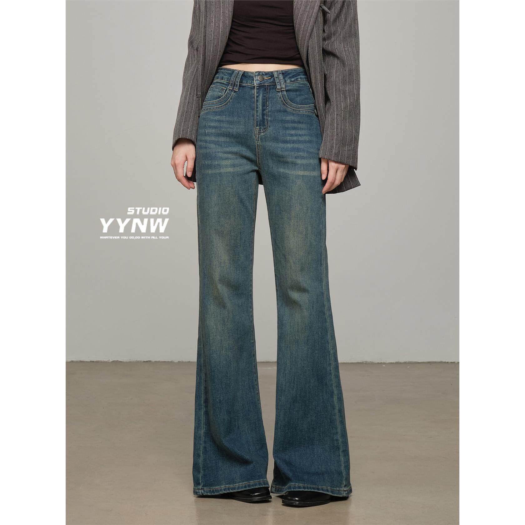 加绒加厚美式覆古高腰微喇叭牛仔裤女秋季2025新款宽松显瘦拖地裤