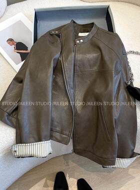 【CCHEN】皮衣外套女新款设计感小众条纹拼接休闲短皮夹克上衣潮