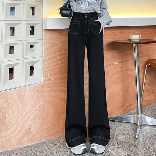 潮流高腰显瘦直筒裤 黑色加绒阔腿牛仔裤 时尚 2025年新款 子 女秋冬季