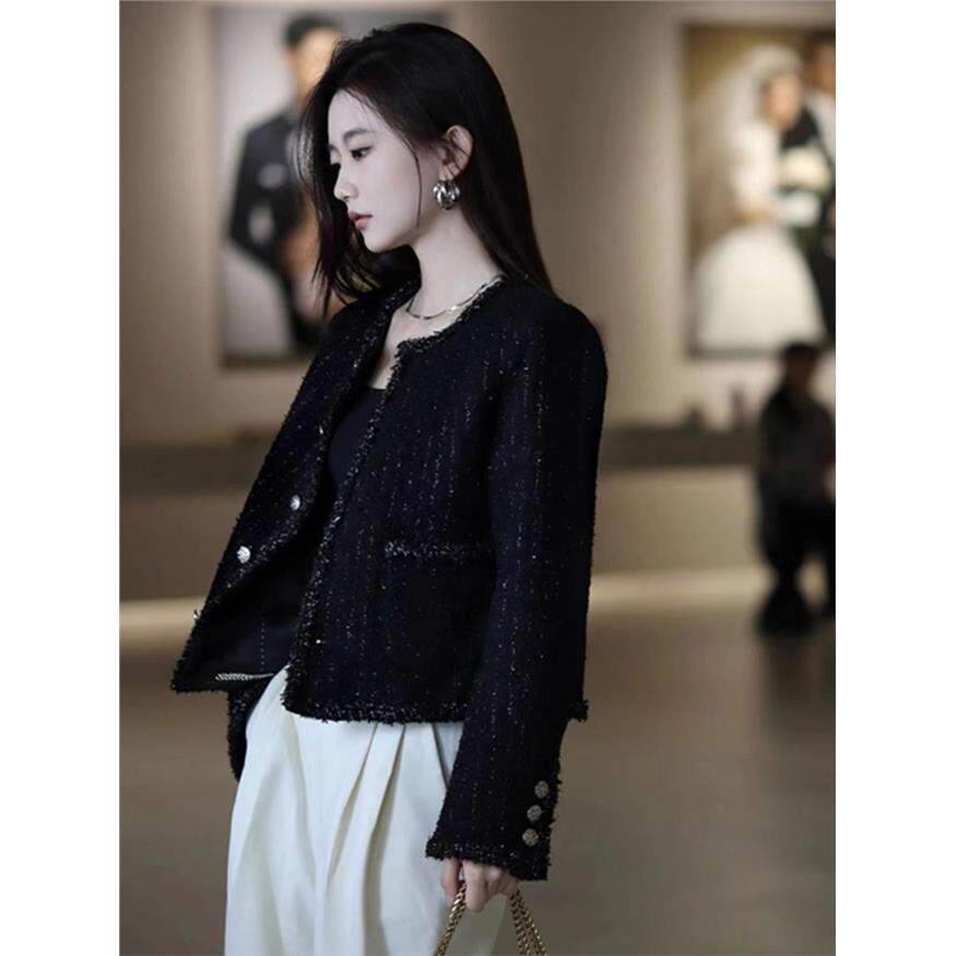 高级感粗花呢黑色小香风短款外套女秋冬小个子气质赫本风西装上衣