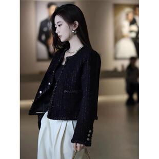 高级感粗花呢黑色小香风短款外套女秋冬小个子气质赫本风西装上衣