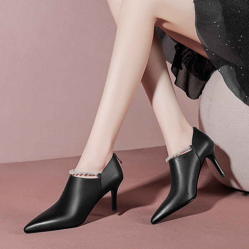【里外全皮】2026秋季新款黑色高跟鞋珍珠细跟深口单鞋女搭配旗袍