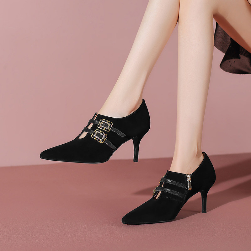 【里外全皮】2026秋季新款黑色高跟鞋细跟羊反皮真皮深口单鞋女鞋