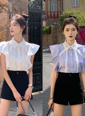 夏季网红同款设计感小众白色衬衣女蕾丝拼接小飞袖法式衬衫上衣女