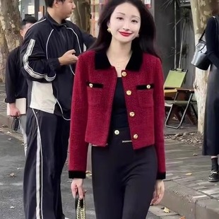 小个子短款 红色小香风保暖加厚外套女秋冬2025冬季 新款 气质显瘦款