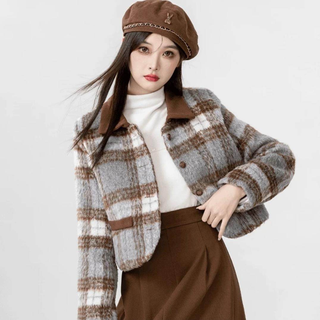 2024秋冬季新款小香风格子毛呢外套女冬加厚夹棉呢子夹克短款上衣,女装/女士精品,毛呢外套,淘宝优惠券,粉丝福利购,淘宝优惠卷