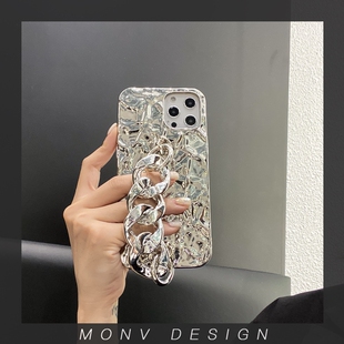 ins冷淡风银链适用苹果iphone13promax手机壳小众锡箔14xs软壳12夸张电镀套手15链条保护套16