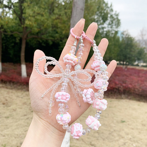 牛奶糖手绘水晶串珠蝴蝶结blin双层手机链条箱包挂件配饰少女礼物